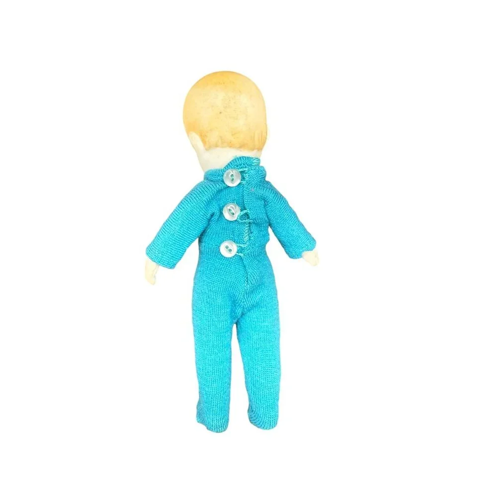 Vtg 7" Jointed Bisque Doll Turquoise Knit Outfit & Button Back Closure JAPAN - Picture 5 of 7